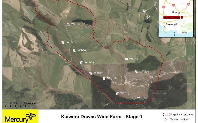 Map of turbines for Kaiwera Downs wind farm